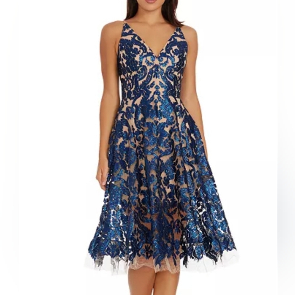 Dress the Population Blue and Nude Lace Midi Dress